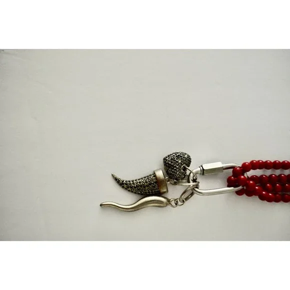 Coral Double Strand Necklace with Carabiner Lock Huge Pendants Statement Piece